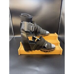 Sorel Joanie Gladiator II  Wedge Heel Sandals Womens 8 M Black Leather Open Toe